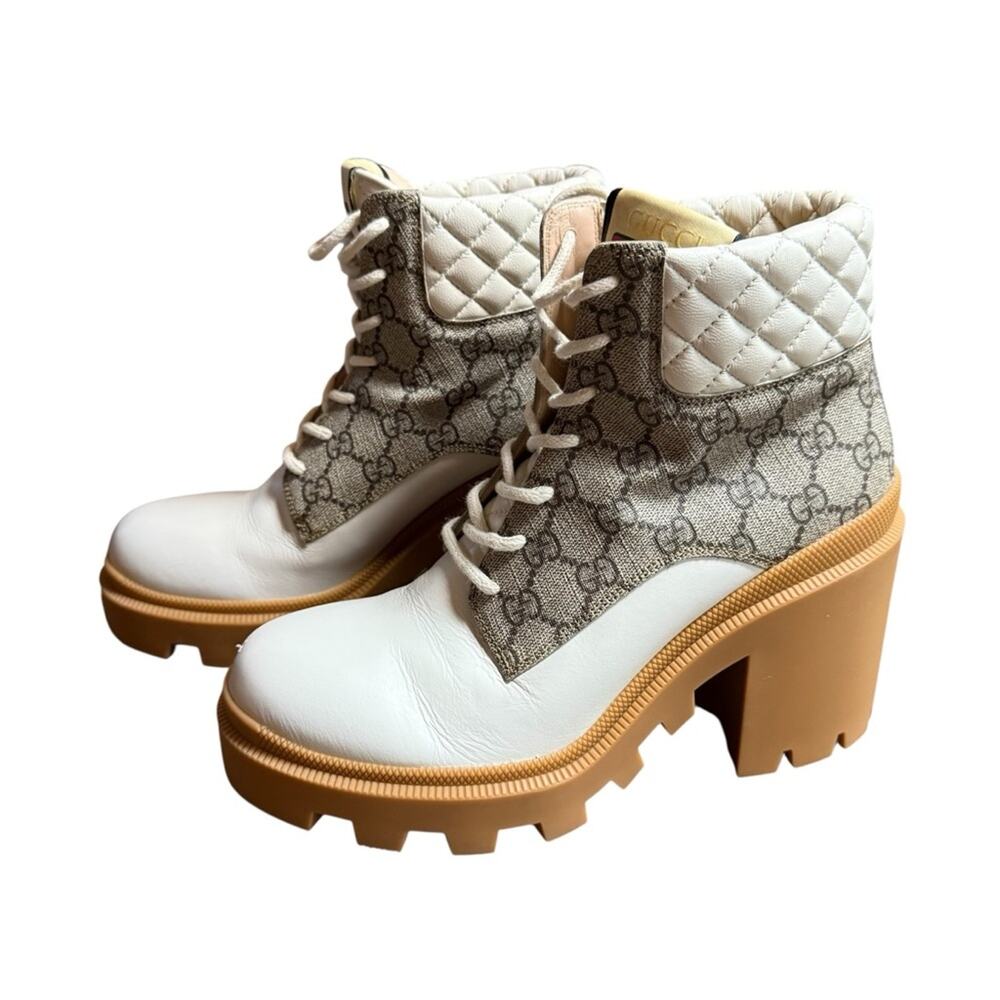 Gucci Apollo GG Monogram Trip Combat Boots White Leather Canvas EU 40 US 10